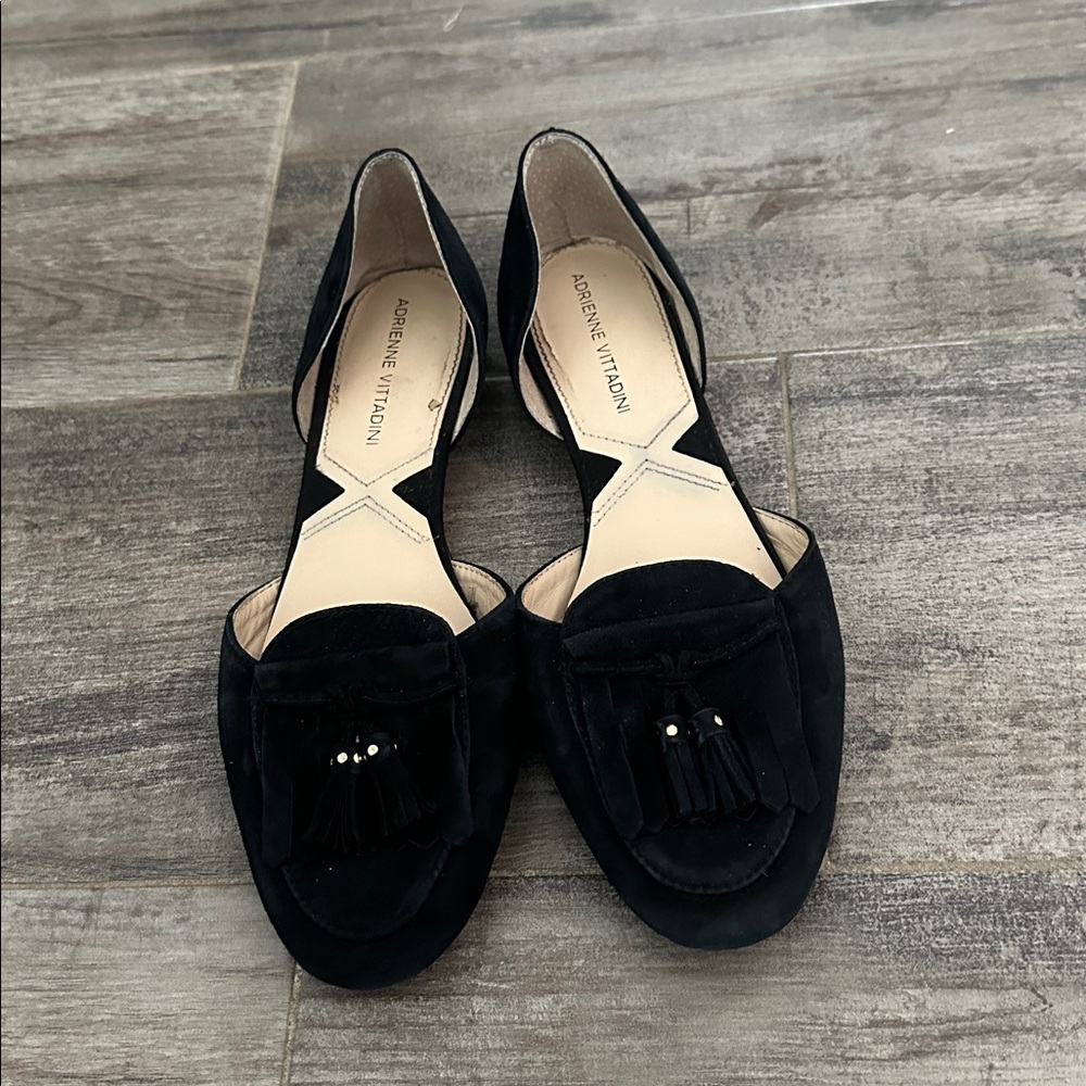 Adrienne Vittadini Alvine D'Orsay Flats Black Leather Suede Loafer Tassel 7.5